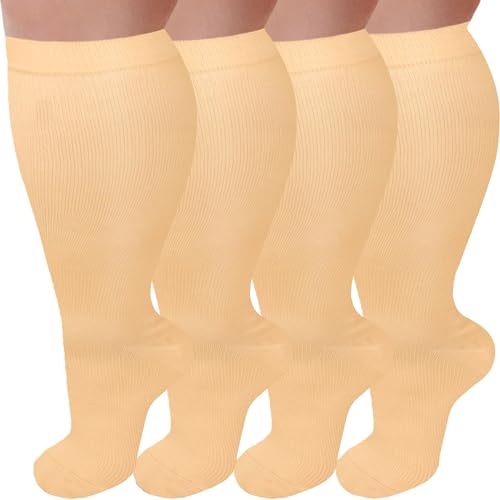 Image of 4 Pairs Plus Size Compression Socks for Women and Men 20-30 mmHg, Wide Calf Stockings Best Support for Circulation, Running