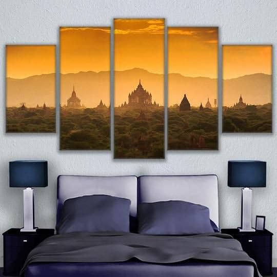 Genérico 5 Impresiones en Lienzo Amanecer en Camboya Lienzo de pared de arte moderno enmarcado Pintura Dormitorio Salón Cocina