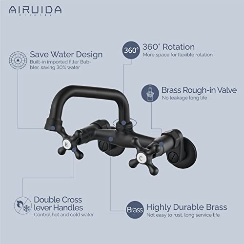 Airuida Matte Black Wall Mount Kitchen Faucet 6 Inch(15Cm) Spout Reach Adjustable Center Double Cross Handles 3 Inch To 9 Inch Hot And Cold Water Mixer Tap 360 Rotatable Faucet #TOP7