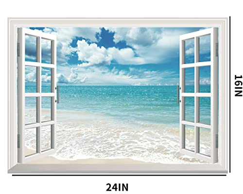 Flfk Fake Window Wall Sticker - Summer Beach Faux Window Wall Mural For Wall Decor, Stick And Peel Wall Decals,16"X24" #TOP1