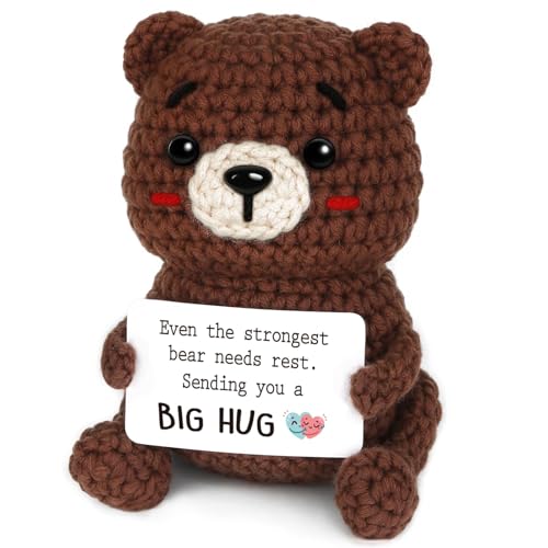 CheriGift Get Well Gift for Women Men Handmade Crochet Bear with Big Hug Card - Recovery Present for Surgery Illness or Thinking of You - Uplifting Gift for Friends Coworkers Loved Ones