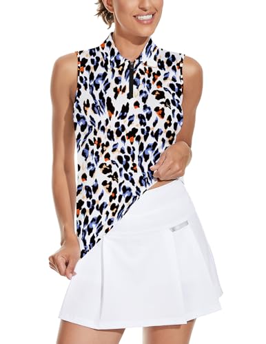 Soneven Womens Leopard Print Sleeveless Golf Shirts Polo Shirts Golf Tank Tops, Large