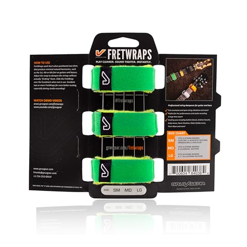 Image of Gruv Gear Fret Wrap & Guitar Mute, Fretwrap for Acoustic, Electric & Bass | String Dampener Recording, Tapping & Practice Accessory (3 Pack, Small Green, Fits 4 String Bass, 6 String Guitar)