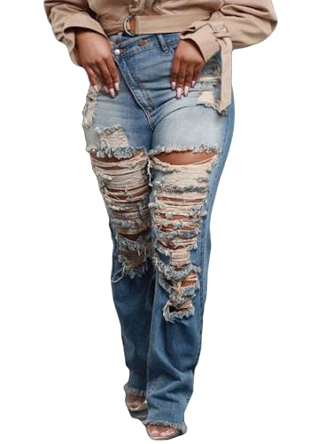 LETSVDO Women's Skinny Ripped Jeans High Waisted Straight Leg Distressed Raw Asymmetrical Strechy Denim Pants