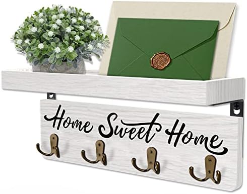 buways Wall-Mounted Key and Mail Holder, Wooden Key Rack with 4 Double Key Hooks, Rustic Home Decor for Entryway(White)