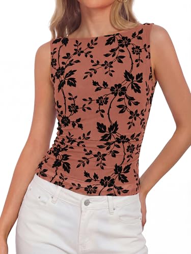 BTFBM Womens Tank Tops 2026 Summer Floral Mesh Sleeveless Boat Neck Slim Fit Shirts Casual Spring Ruched Going Out Top(Brown, X-Small)
