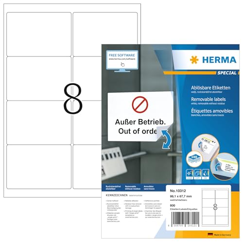 HERMA Self Adhesive Removable Labels, 8 Labels per A4 Sheet, 100 Sheets, 99.1 x 67.7 mm, 800 Labels, Blank Multipurpose Labels Stickers, Sticky Labels for Laser & Inkjet Printer, White