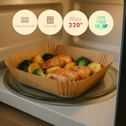 Dohe - Papel Freidora Aire Cuadrado (100 uds.) - Tamaño 20-24 cm para Air Friyers 5 8 Litros, Apto para Hornos y Microondas, Antiadherente y Absorbente, Sin BPA - imagen 4