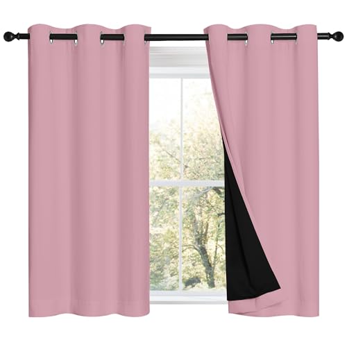 Image of NICETOWN 100% Blackout Short Curtains with Black Liners, 2 Panels, 37 inch W by 40 inch L, Crystal Pink, Thermal Insulated Full Blackout 2-Layer Lined Drapes, Energy Efficiency Window Draperies for Bedroom
