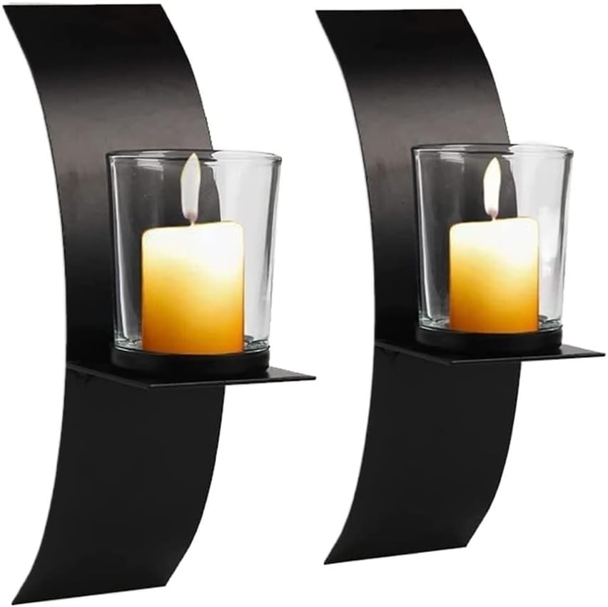 2PCS Curved Wall Candle Holder, Handmade Iron Hanging Wall Sconce Candle Holder Shelf Furnishing Articles Decoration Candle Holder (Black)