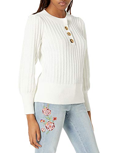 Image of Cable Stitch Women's Textured Henley Sweater - Crewneck Long Sleeve Pleated Shoulder Cotton Ribbed Pullover Top