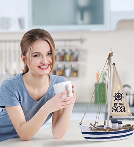 CoTa Global Ocean Blue Sea Boat with LED Light - Handmade Wooden Boat Decor, Beach Style Model Sail Boat Decorations, Nautical Themed Table Top Decor