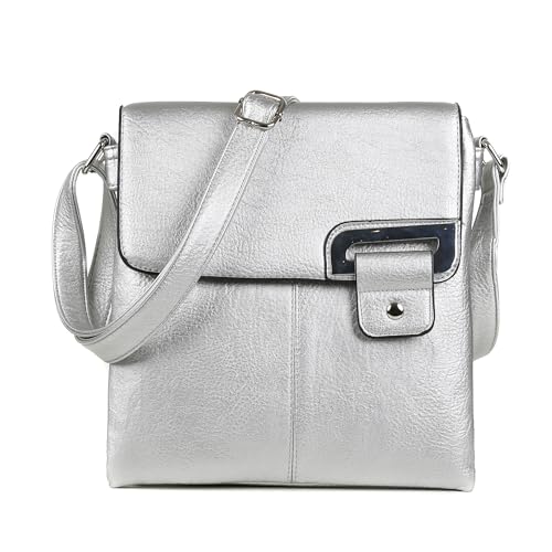 AOSSTA Womens Cross Body Shoulder Messenger Bag Multiple Slip and Zip Pockets Handbag with Storage Pocket Adjustable Strap (Silver)