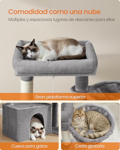 Miniatura 4 de Feandrea Árbol Para Gatos, Torre De Juegos Con 2 Camas Grandes, Postes Rascadores Y Rampa, 85,8 Cm De Altura, Gris Paloma Pct013gd01