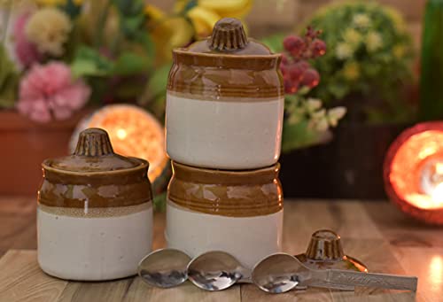 Image of Ceramic Handmade Pickle Jar Set with Lid, Dining Table Pickels Containers and an Ideal Gift for Family (250ml) (3 pc) and Steel Spoon 3 pc