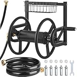 VEVOR Wall Mounted Garden Hose Reel, Holds 125 ft 5/8-inch Hose, Heavy-Duty Water Hose Winder, Space-Saving Design, Outdoor Manual Reel with Brass Fitting and Storage Basket for Yard Lawn