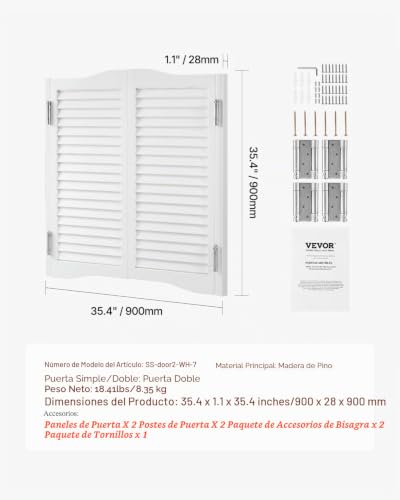 Miniatura 7 de Vevor Puertas Batientes Para Cafetería, Puerta Interior Con Arco Superior De Doble Acción 900 X 28 X 900 Mm De Madera De Pino Con Bisagras Y Herrajes Para Pasillo, Cocina, Bar, Color Blanco