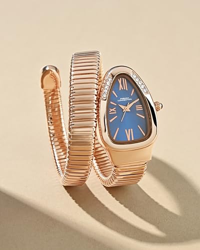 Image of French Connection Eternelle Curve | Blue Dial with Rose Gold Case | Flexible Wrap Bracelet Strap | Crystal Accent Design | Roman Numerals Analog Watch for Women - FCN0142URGM