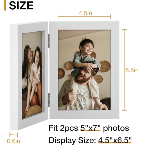 decorUhome Double 5x7 Picture Frame Vertical, Engineered Wood Bifold Photo Frame with Plexiglass for Tabletop Display, 5x7, White