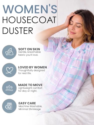 Image of Casual Nights Women's Snap - Front House Dress Short Sleeve Woven Housecoat Duster Lounger Robe with Pockets