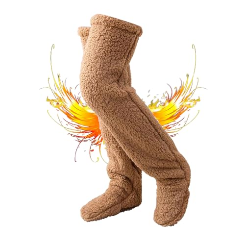 Snugglepaws Sock Slippers，Snuggle Paws Thigh High Socks，Furry Long Leg Warmers Winter Home Sleeping Socks (Brown,1 Pairs)