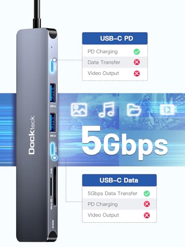 Image of USB C Hub, dockteck 7 in 1 Multiport USB C Adapter with 4K HDMI, 100W PD, 5 Gbps USB-C, 2 USB-A Data Ports, SD /TF Card Reader for MacBook Pro /Air, iPad Pro, Surface Pro, Steam Deck, XPS, HP