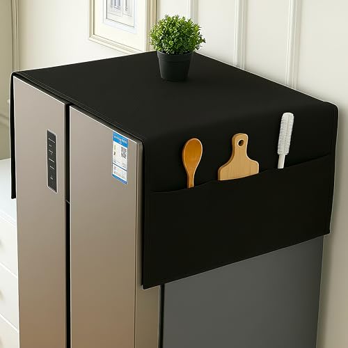 Image of Refrigerator Cover Double Door Waterproof, Dustproof, Refrigerator Top Cover, Protective Covers for Fridges with Extra Storage Space Nylon Top Fridge cover with 6 Storage Pockets (Black, 170 x 65 cm)