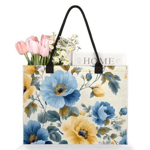 Vintage Blue Yellow Flowers Tote Bag for Women Large Beach Bag Reusable Tote Bags for Work Travel Beach Shopping3
