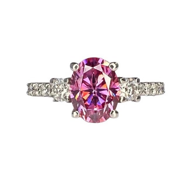 1.50 CT Oval Shape Simulated Pink Sapphire and White Diamond Three Stone Wedding Engagement Ring In 14K White Gold Plated 925 Sterling Silver Gift for Womens