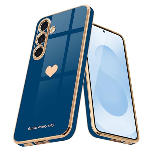 Teageo for Samsung Galaxy S25 5G Case for Women Girl Cute Love-Heart Luxury Bling Soft Back Cover Full Camera Protection Silicone Shockproof Phone Case for Galaxy S25 5G, Navy Blue