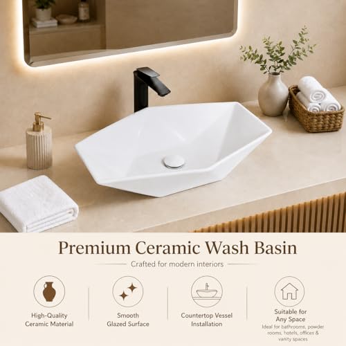 Image of QUALITO White Table Top Wash Basin for Bathroom, Living Room, Hall, Dinning Room | Countertop /Over Counter Ceramic Vessel Sink /Basin | Glossy Finish Table Top Wash Basin (Diamond)