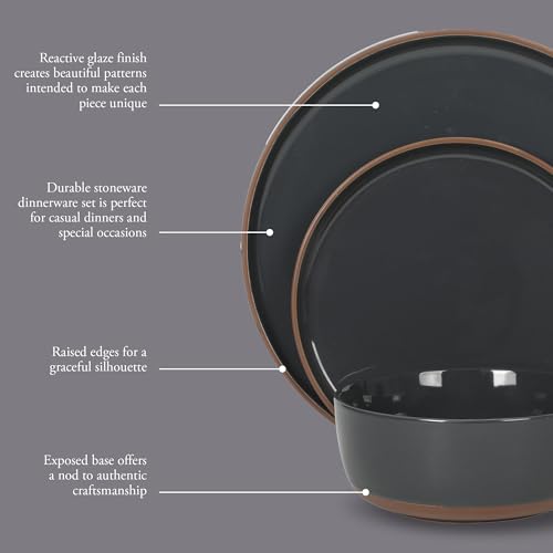 Image of Gibson Elite Northrock Stoneware Dinnerware Set, 12-Piece Service for 4 Plates and Bowls Set - Charcoal Blue Dishes with Hand-Painted Terracotta Base