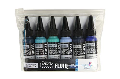 Image of BRUSTRO Professional Artists Fluid Acrylic 20 ml Beyond The Blues set of 6 with Pouring Medium 200 ml