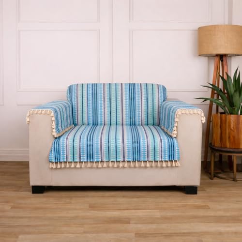 Image of Gifts Island 1 Seater Cotton Sofa Cover Mat | Anti Slip Armchair Cover Throw | All Over Furniture Protector with Elastic Straps | Washable Couch Cover for Living Room (Blue, 1 Seater)