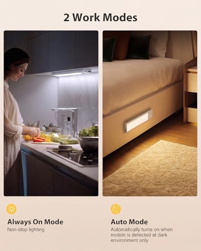 Image of Abovizo 2 Pack Under Cabinet Lighting, 3 Color Temps, Battery Operated Motion Sensor Light Indoor, Dimmable Under Counter Lights for Kitchen Stairs Closet Pantry
