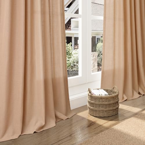Image of Camel Linen Curtains 84 Inches Long for Bedroom Back Tab Light Filtering Privacy Semi Sheer Curtains Modern Farmhouse Decor Camel Cotton Elegant Curtain for Living Room 2 Panels Set 52x84 Inch