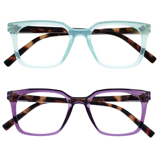 OPULIZE KOI Gafas de Lectura Pack de 2 - Elegante Marco Rectangular Ancho - Violeta/Turquesa - Hombre Mujer - Bisagras de Muelle - RR50-5Q - +1.00