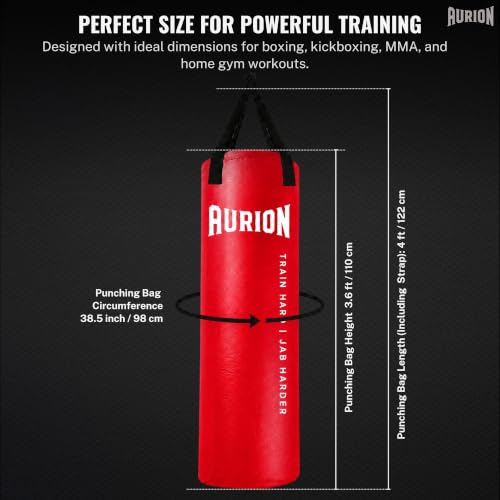Image of Aurion 4ft Unfilled Heavy Punching Bag | Premium PU Leather Boxing Bag for Home Gym & MMA | Durable Triple-Stitched Nylon Straps for Muay Thai, Kickboxing & Martial Arts Training (Red)