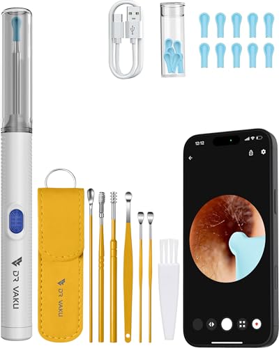 Image of Dr Vaku Clenzio Earocam Ear Cleaner Earwax Removal Tool with Extra Cleaning Kit (Set of 7) HD Camera Wifi Connection & 6 LED Lights Endoscope Tool + 11 Silicone Tips Free & Storage Case-White /Yellow