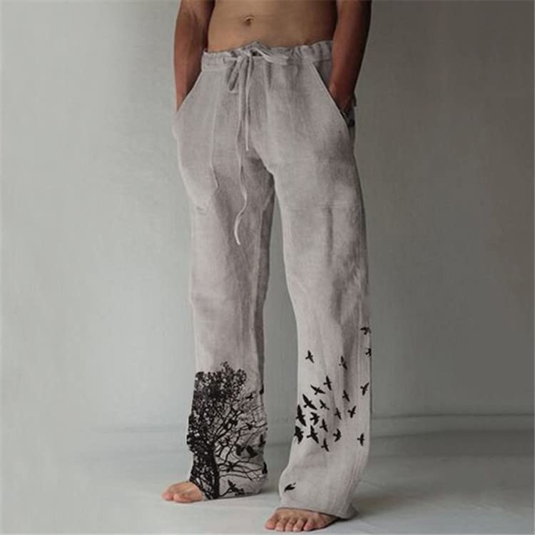 Mens Casual Cotton Linen Pants Print Wide Leg Elastic Waist Sweatpants Drawstring Soft Athletic Lounge Trousers2