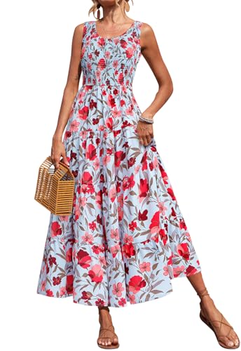 Image of PRETTYGARDEN Smocked Tank Floral Maxi Dresses for Women 2026 Wedding Guest Dress Sleeveless Flowy Long Sundress with Pockets