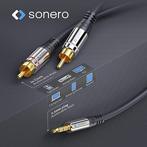Sonero Premium 12.5 m RCA Cable, 2x RCA to Jack Cable 3.5 mm, Audio Cable, HiFi System, AUX, Black, 12.5m - Image 3