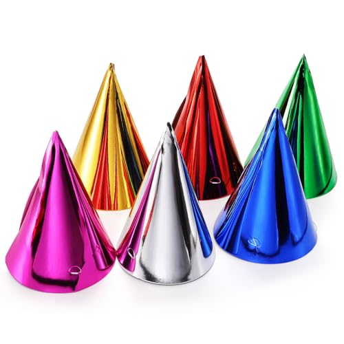Okllen 120 Pieces Cone Party Hats, Multicolor Birthday Party Hat, Metallic Foil Neon Paper Hat With Elastic String for Kids Adults