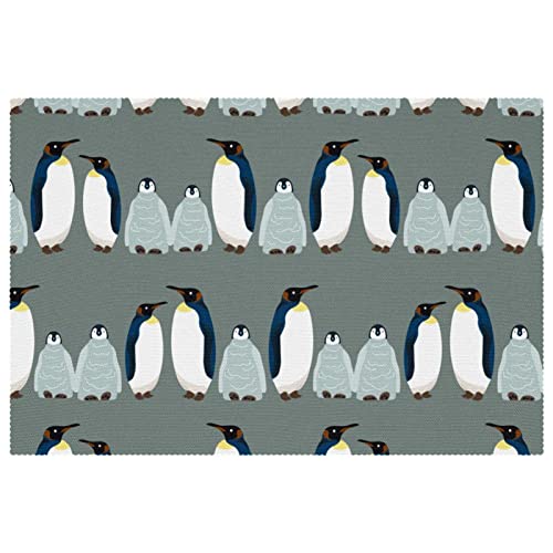 Set de table tissu Oxford gris motif pingouin lavable | Lot de 4