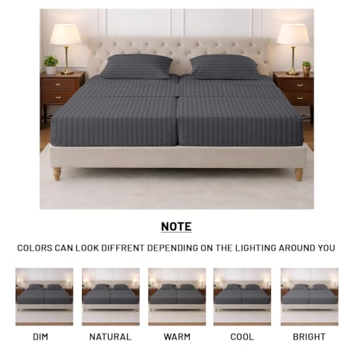 Image of SGI Split King Sheet Set for Adjustable Bed Egyptian Premium Cotton 600 Thread Count Sheets for Sleep Number Bed 15 inch Deep Pocket 5 Pc Set with 2 Twin XL Fitted Sheets Soft Breathable -Dark Grey Stripe