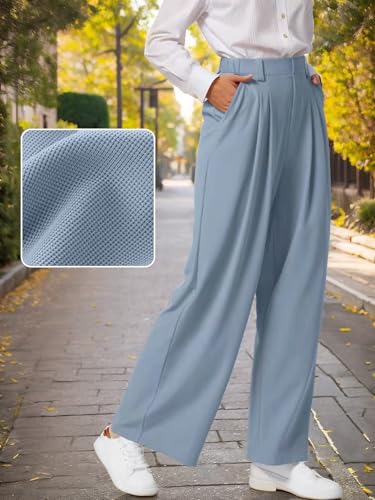Womens Wide Leg Work Pants High Elastic Waist Dress Palazzo Pants Waffle Knit Business Casual Trousers with Pockets3