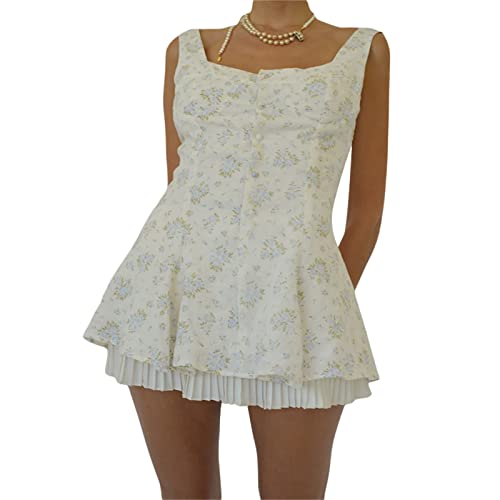 Vestido corto casual de verano para mujer, con estampado floral, sin mangas, con tirantes, de moda, con botones, Cremoso., S