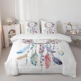 Linfye Traumfänger Bettdecke 135x200 cm Bunte Federn 4 Jahreszeiten Steppdecke 135x200 - Weiche Ganzjahresdecke Waschbare Schlafdecke - Weiß Bettdecke ohne Bezug mit 2 Kissenbezügen 80x80 cm