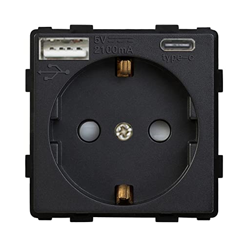 BSEED Wandsteckdose EU 16Amp Mit USB Anschluss (Max. 2.1A) und Typ C Port Einsatz Ersatz Schwarz 86mm