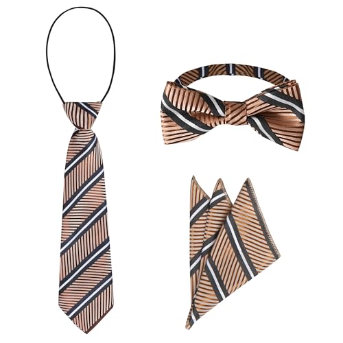 DHTS Boys Bow Tie Striped Neckties and Pocket Square Set Ties for Kids Age 6-16 Wedding Party School Christmas Easter